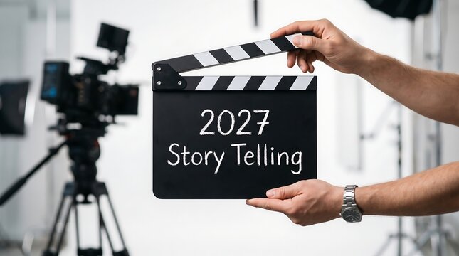 Film production clapperboard held by hand in video studio equipment background.