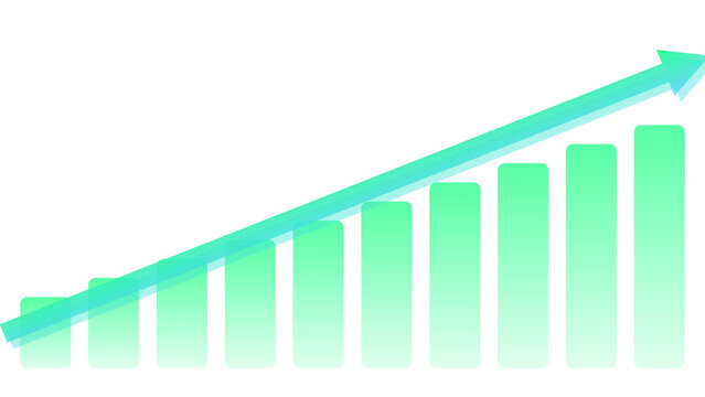 3D growth arrow with rising bar chart, bullish uptrend, transparent background