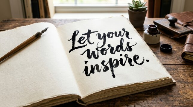 Open notebook with calligraphy quote 'Let your words inspire' on a rustic wooden desk