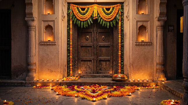 Traditional Diwali Home Decoration with Marigold Flowers and Glowing Diyas
