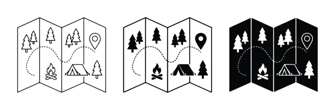 Camping map icons set with tent, campfire and trees for outdoor adventure