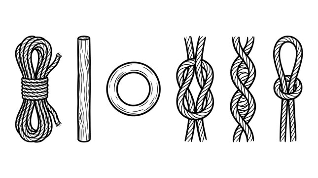 Hand-drawn ink doodle set of macrame knots rope and wooden supplies