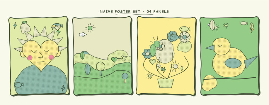 Graphic collection of four artistic panels with whimsical