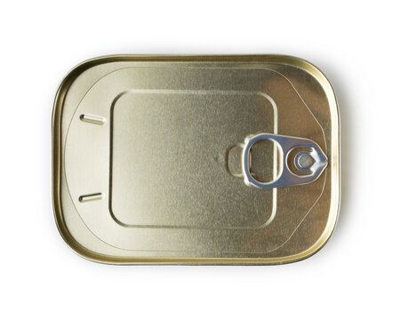 Closed rectangular tin can with pull ring top view isolated on white background.