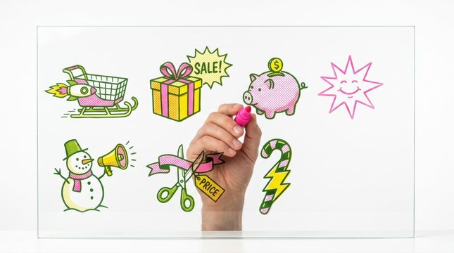 person hand interacting with icons of a rocket shopping cart, gift box, piggy bank, snowman and price tags, Christmas sale discounts, retail marketing and holiday budget