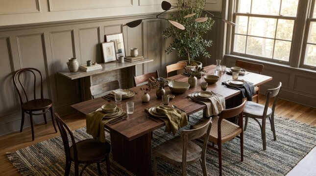 Elegant Dining Room: A beautifully set wooden dining table awaits guests in a warmly lit room, featuring a console table and a variety of chairs.