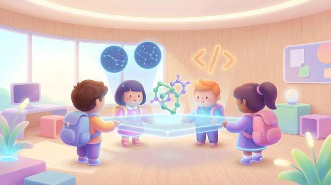 AI Powered Future Digital Classroom Design Futuristic Classroom of Children Learning Science with Holographic Technology and Educational Symbols