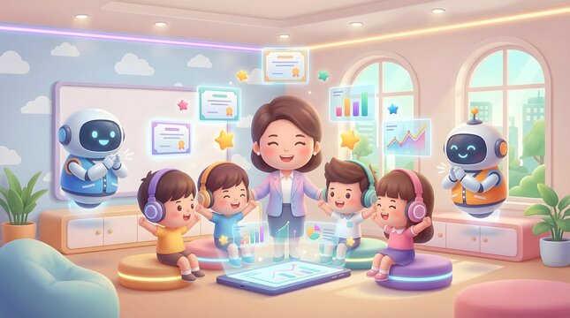 AI Powered Future Digital Classroom Design Interactive Futuristic Learning Room with Children and Robots Engaged in Digital Learning on Tablets in Cartoon Style