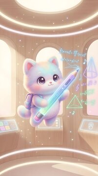 AI Powered Future Digital Classroom Design Kawaii Astronomy Cat with Rainbow Pencil in Spaceship Classroom Learning Math and Science Concepts