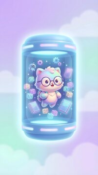 AI Powered Future Digital Classroom Design Adorable Cartoon Kitty in Futuristic Capsule with Educational Elements and Robot Companion in Neon Pastel Colors