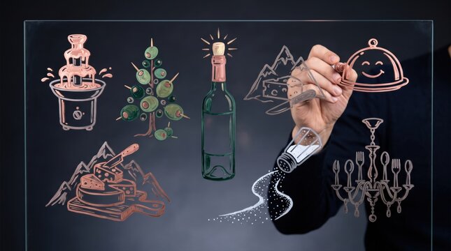 Hands interacting with icons of a chocolate fountain, olive tree, champagne bottle, cheese mountains, food cloche and cutlery chandelier, gourmet catering for a luxury Christmas party
