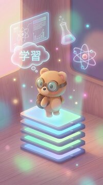 AI Powered Future Digital Classroom Design Adorable Bear Learning Science with Augmented Reality on Stacked Smartphones in Futuristic Classroom