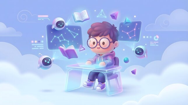 AI Powered Future Digital Classroom Design Whimsical Illustration of Child Engaged in Futuristic Learning with AI Companions in a Cloud Environment
