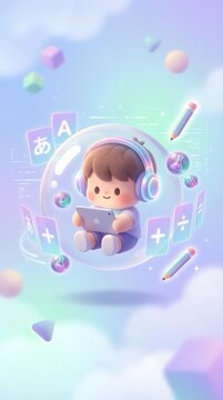 AI Powered Future Digital Classroom Design Adorable Digital Learning Sphere with Child Using Tablet in Pastel 3D Environment for Interactive Education and Immersive Virtual Classroom Visuals
