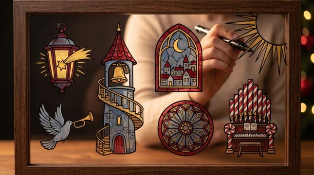 Hands interacting with icons of a lantern, bell tower, stained glass, rose window, candy cane organ, sun and dove with trumpet, church tradition and spiritual Christmas celebration