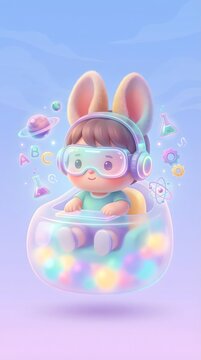 AI Powered Future Digital Classroom Design Cute Futuristic Child in VR Headset with Bunny Ears Exploring Space and Science