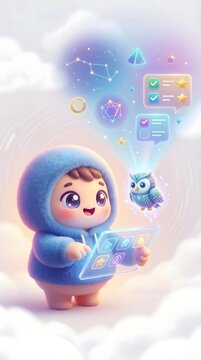 AI Powered Future Digital Classroom Design Whimsical Digital Exploration: Cute Character with Holographic Tablet and AI Owl in Cloudy Dreamscape