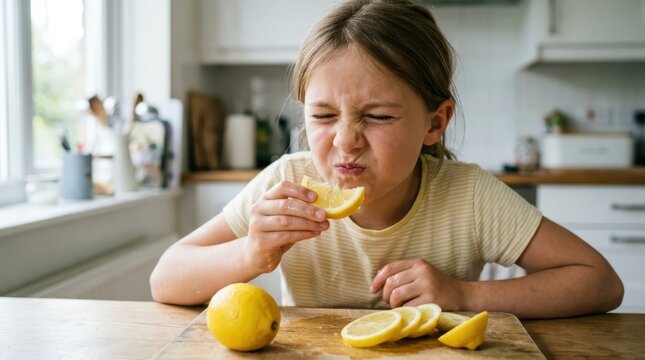 Sour Face Reaction: A young girl grimaces after tasting a slice of lemon, her face contorted in a sour expression. Sliced lemons and whole lemons are on a wooden cutting board in the kitchen.