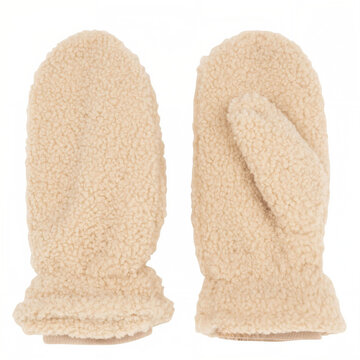 Cream Plush Fleece Winter Mittens on Warm Beige Background