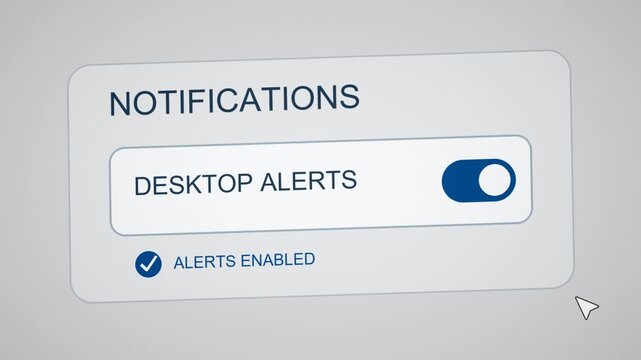 Screen recording tutorial showing desktop alerts toggle switched on in notifications panel, from off to enabled with checkmark. Clean gray interface animation for software guides and e-learning.