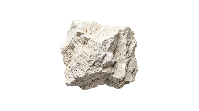 Natural limestone rock chunk isolated on white background, raw mineral stone element, rough beige boulder geological specimen