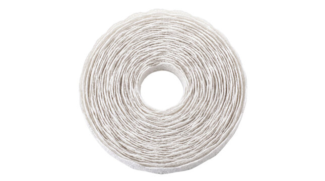 White cotton string spool isolated on white background, rolled natural twine coil, crafting cord supply top view