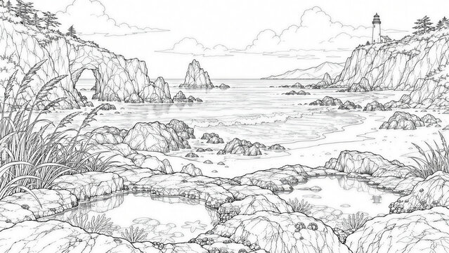 Rocky beach cove line art coloring page with tide pools, sea stacks, cliffs, and lighthouse