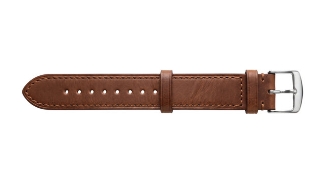 Vintage brown leather watch strap with silver metal buckle, classic watchband isolated on white background