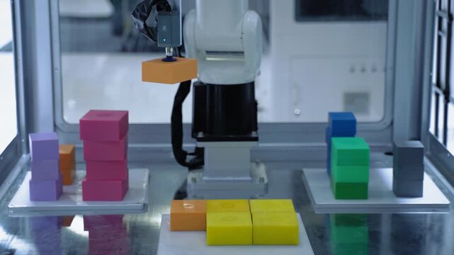 Industrial robotic arm precisely sorting and stacking colored blocks for automated manufacturing