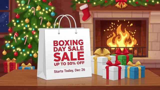 Boxing Day Sale 50% Off retail discount holiday shopping promo bag gifts cozy fireplace motion graphic loop
