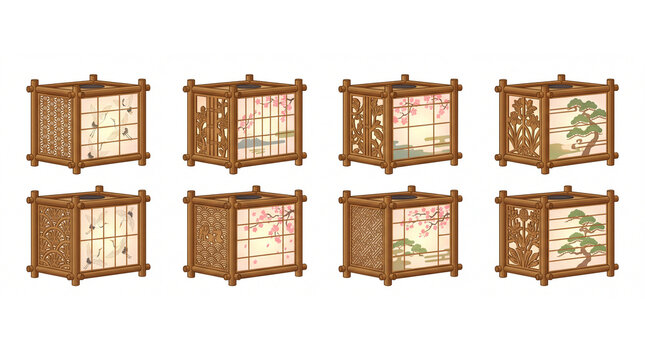Set of traditional Japanese andon paper lanterns with wooden frames featuring oriental decorative patterns such as cherry blossoms, cranes, and pine trees isolated on white background.