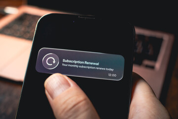 Plakat Subscription renewal notification on smartphone highlights recurring billing for digital services. Automatic renewals connect monthly payments, membership management and subscription business models.
