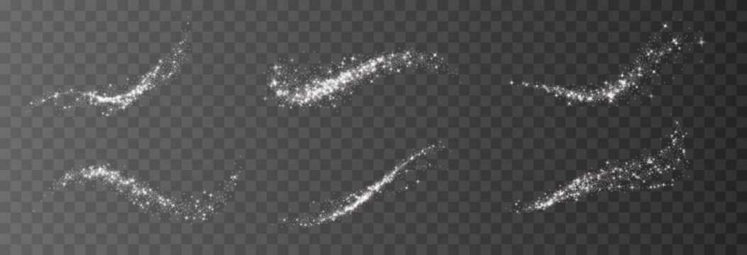 Glowing stardust trail collection with silver glitter particles. Magic sparkle swoosh light effect on transparent background. Set of PNG design overlays