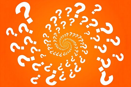 White question marks arranged in a spiral pattern on orange background