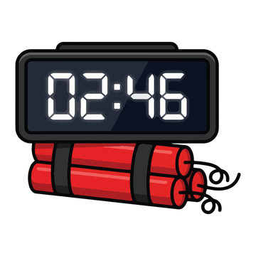Digital countdown timer bomb with red tnt sticks isolated on white