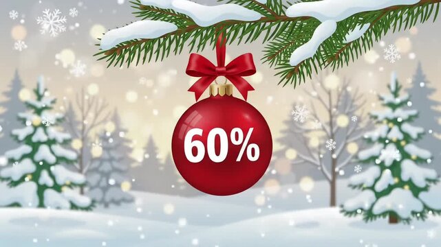 Winter Sale 60% Off retail discount promo red ornament snowy trees winter landscape motion graphic loop
