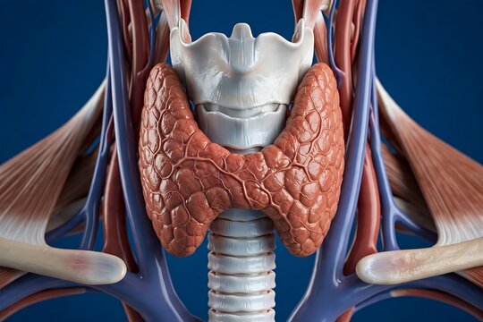 Anatomical illustration of the human thyroid gland and surrounding structures in the neck