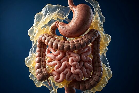 3d render of human digestive system with stomach and intestines surrounded by fat tissue on dark blue background