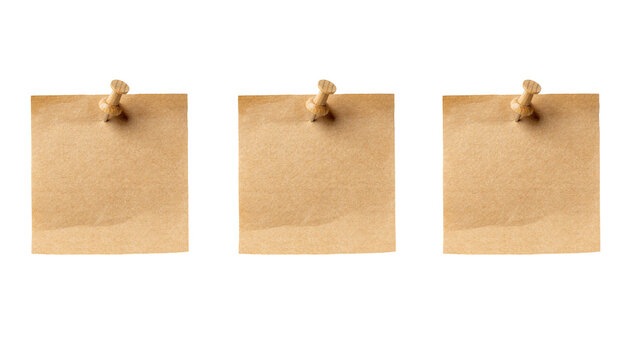 Three square brown kraft paper sticky notes attached with wooden push pins
