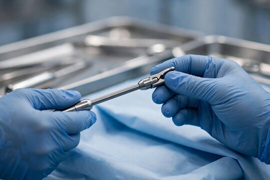 Surgeon hands in gloves holding surgical instrument