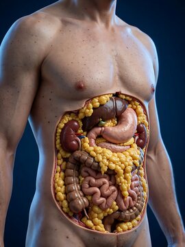 3d illustration of human male torso showing internal organs including digestive system and kidneys