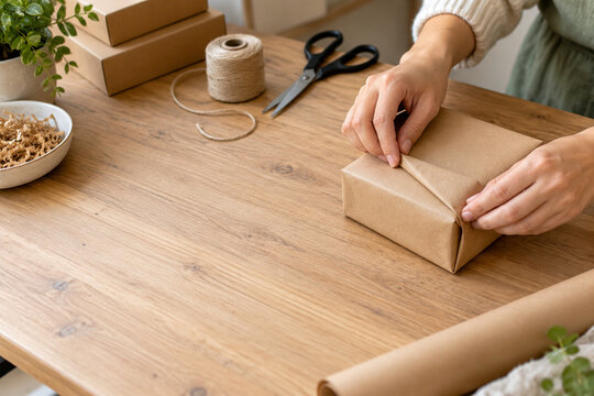 Hands Wrapping a Parcel with Kraft Paper for Shipping