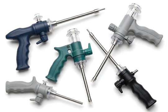 Set of five different colored medical laparoscopic trocars isolated on white background