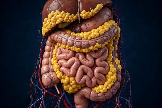3d medical illustration of human abdominal organs with visceral fat deposits