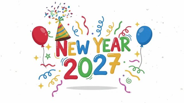 New Year 2027 Celebration Party Event colorful balloons confetti 2d motion graphic background loop
