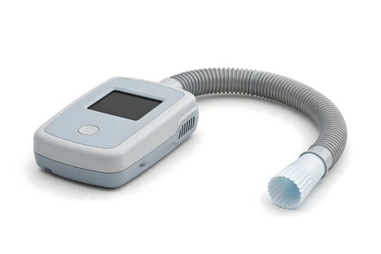 Portable cpap machine with flexible hose tube isolated on white background for sleep apnea therapy