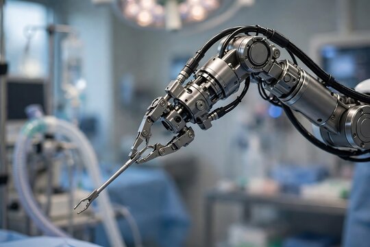 Advanced robotic surgical arm with precision instrument in a modern hospital operating room environment