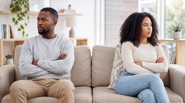 Unhappy african american couple sitting on sofa with arms crossed after an argument at home. Frustrated partners experiencing relationship tension and marital conflict in living room.