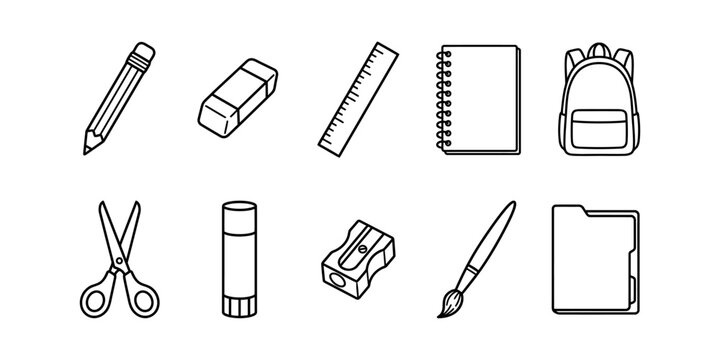 School stationery icon set - pencil eraser ruler notebook backpack