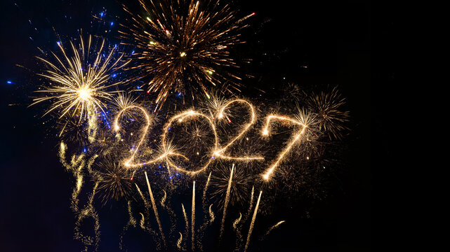 happy new year, new year's eve, silvester, new years eve, sparklers celebration greeting card, new year card - Year 2027 in sparkler font and firework fireworks pyrotechnic, black night sky background